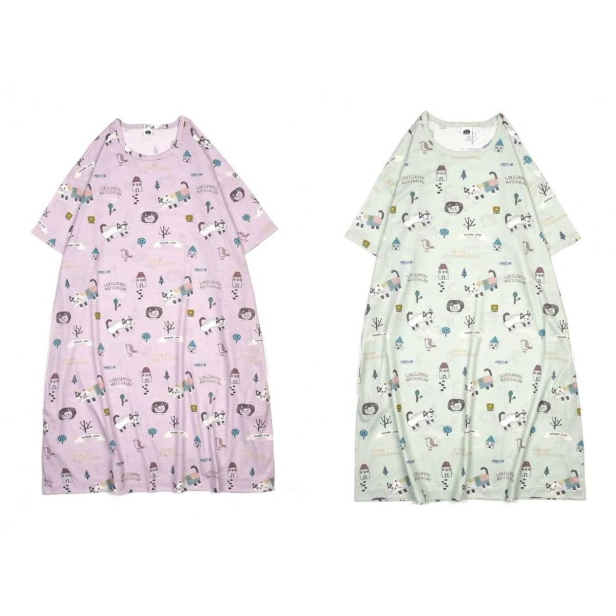 天竺ニットのルームウェア　ルームワンピースTシャツ　マチルダさん柄（ねこ　ネコ　猫）