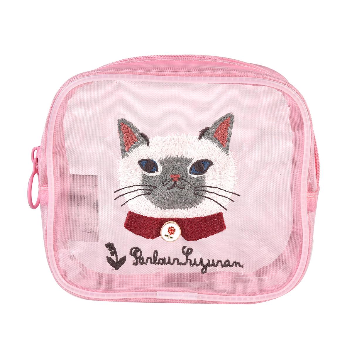 パーラーすずらん堂　メッシュ生地　コスメポーチ　すずらんさん柄（ねこ　ネコ　猫）