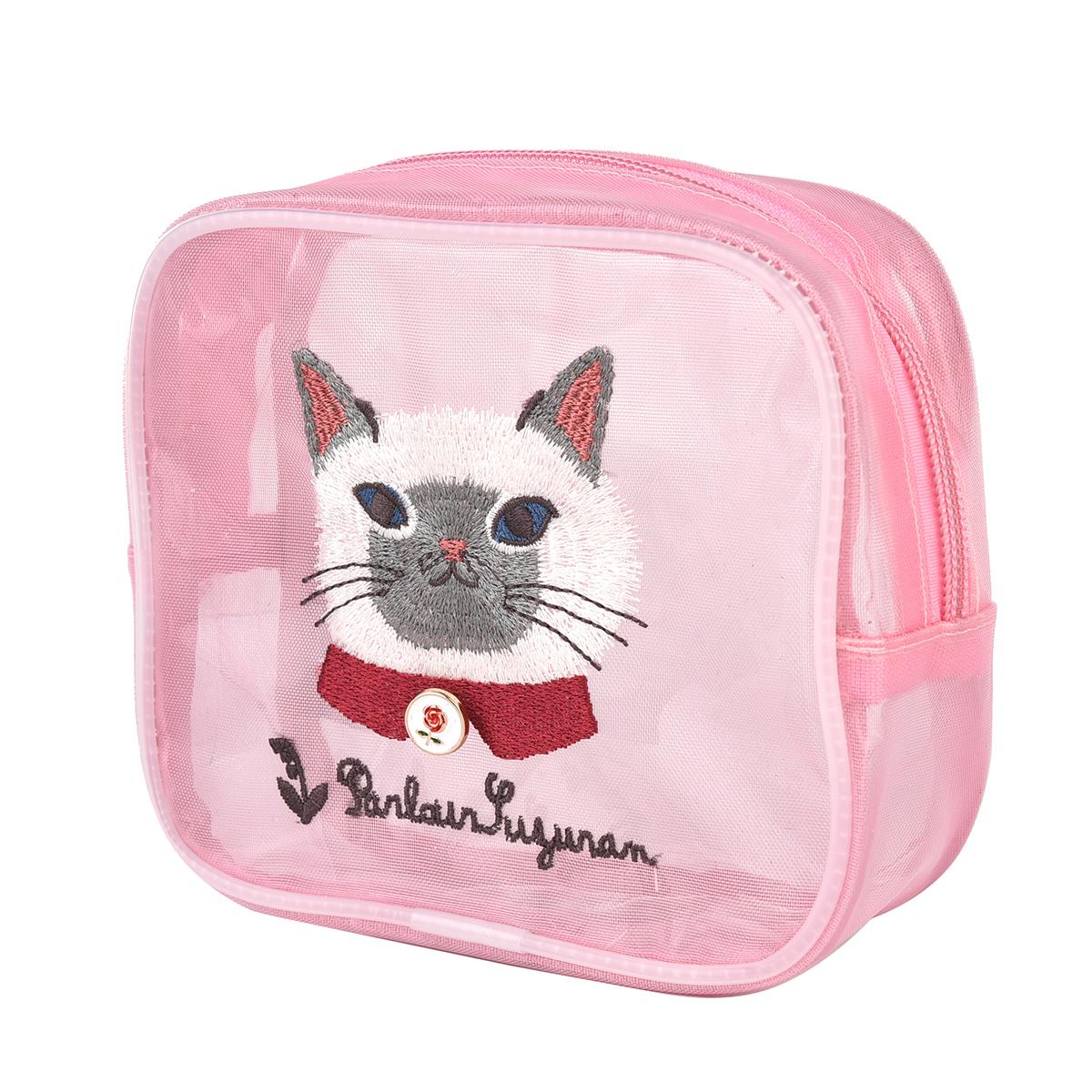 パーラーすずらん堂　メッシュ生地　コスメポーチ　すずらんさん柄ねこ　ネコ　猫