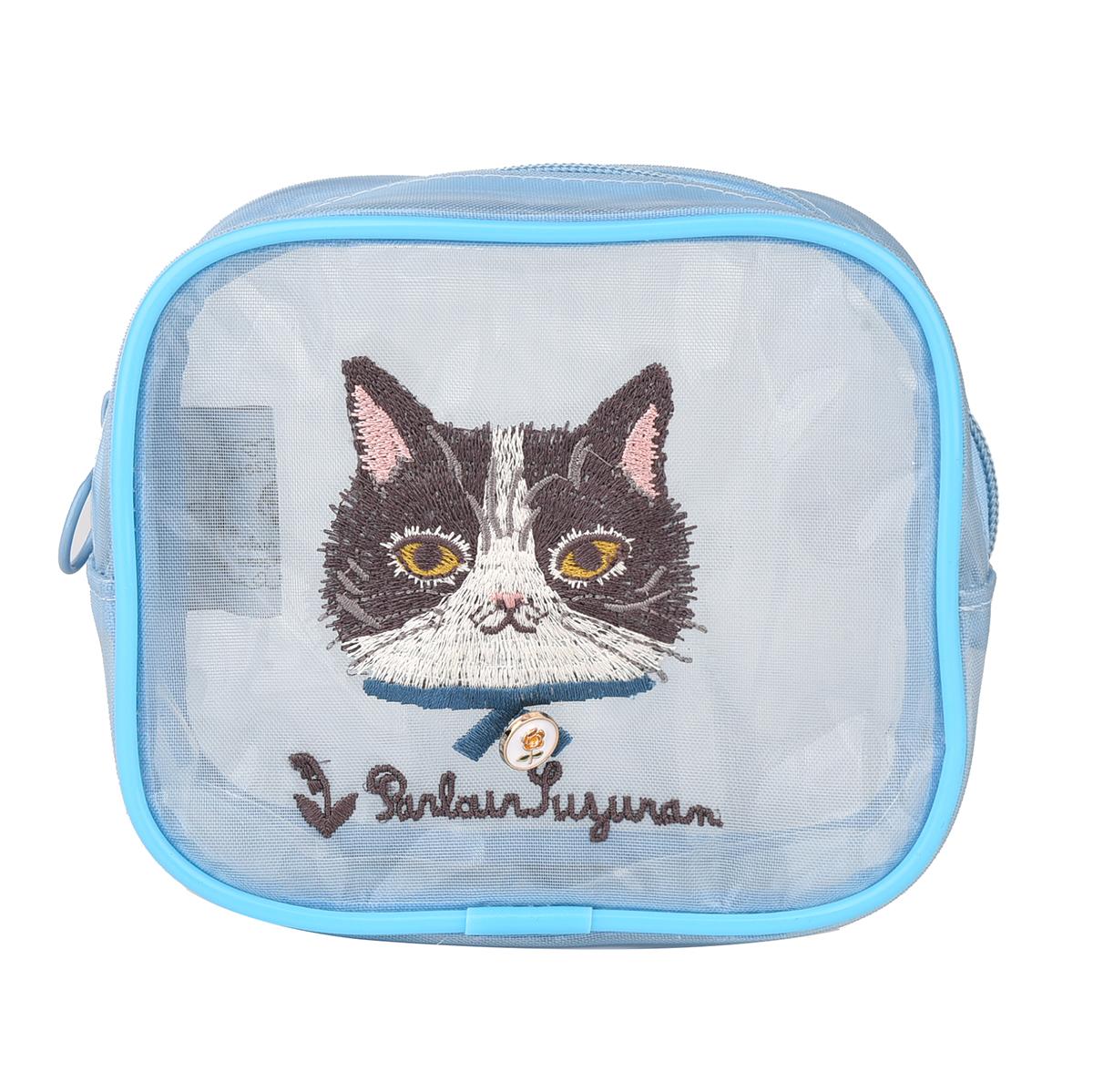 パーラーすずらん堂　メッシュ生地　コスメポーチ　あずきさん柄（ねこ　ネコ　猫）