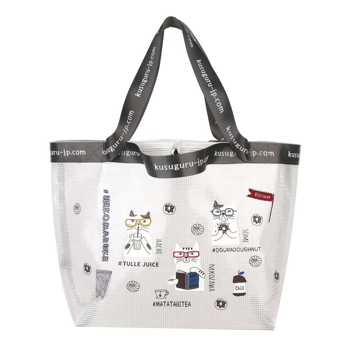 クリアメッシュ　トートバッグMサイズ　ネコまるけ柄（ねこ　ネコ　猫）