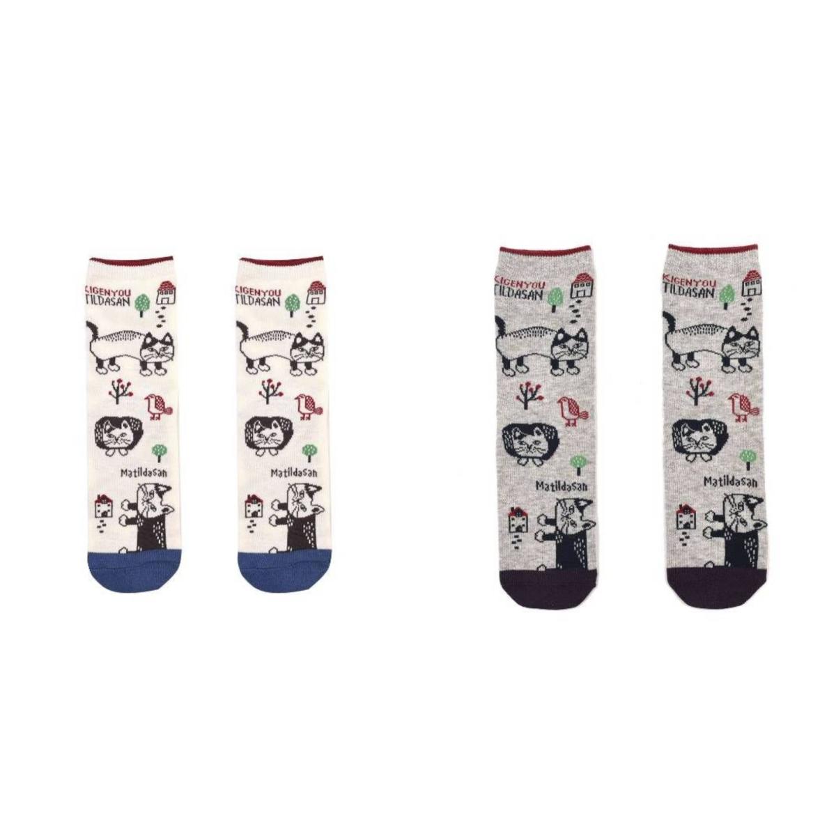 クスグルソックス　ジャガード靴下　マチルダさん柄（ねこ　ネコ　猫）