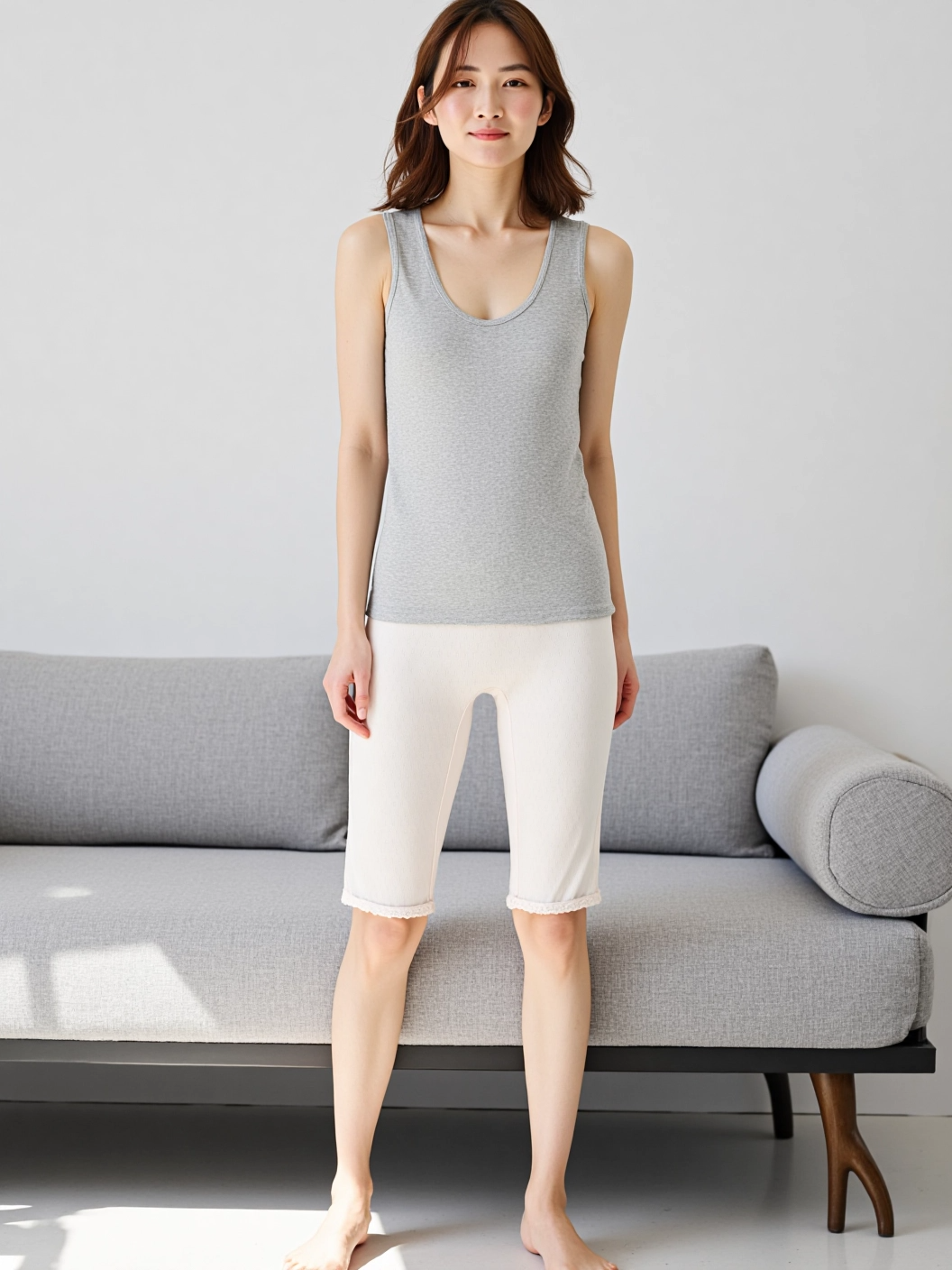 婦人綿100強撚糸パターンメッシュ５分丈ボトム