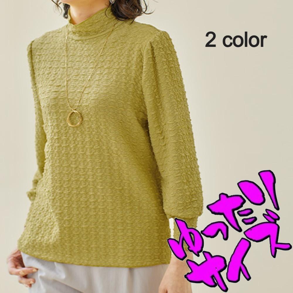 【春夏新作】■4色展開■フクレジャガード風ハイネックカットソー