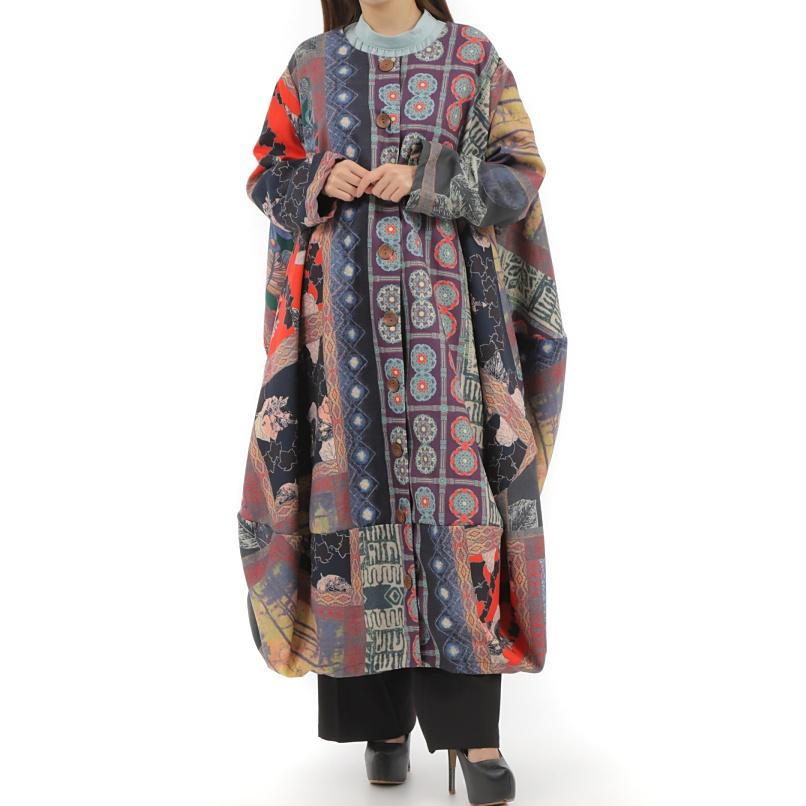 パッチワーク風 マルチパターン ロングコート  オーバーサイズ コクーンシルエット エスニック 