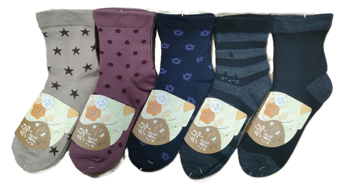 婦人靴下　5柄ワイド　口ゴム　クルーソックス【2足組】