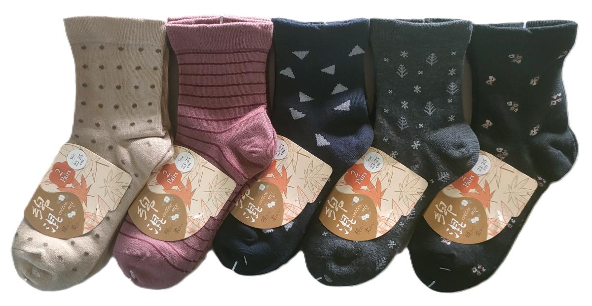 婦人靴下　5柄ワイド　口ゴム　クルーソックス【2足組】