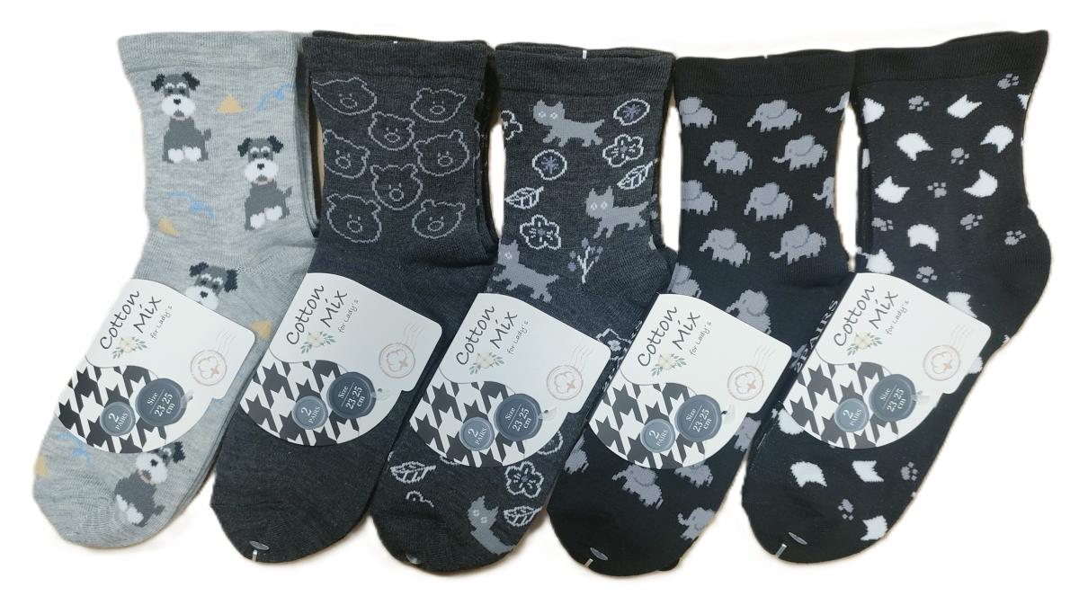 婦人靴下　5柄ワイド　口ゴム　クルーソックス【2足組】モノトーン色