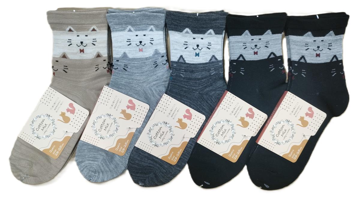 婦人靴下　5柄ワイド　口ゴム　猫柄クルーソックス【2足組】