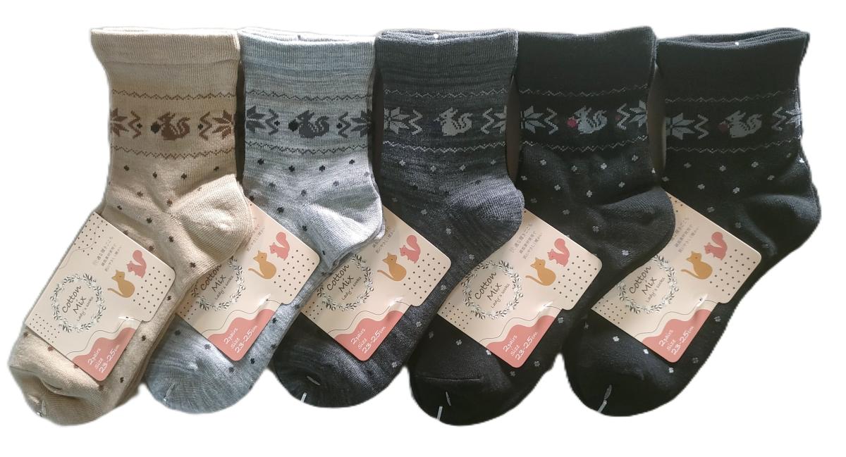 婦人　5柄ワイド　口ゴム　雪リス柄クルーソックス【2足組】