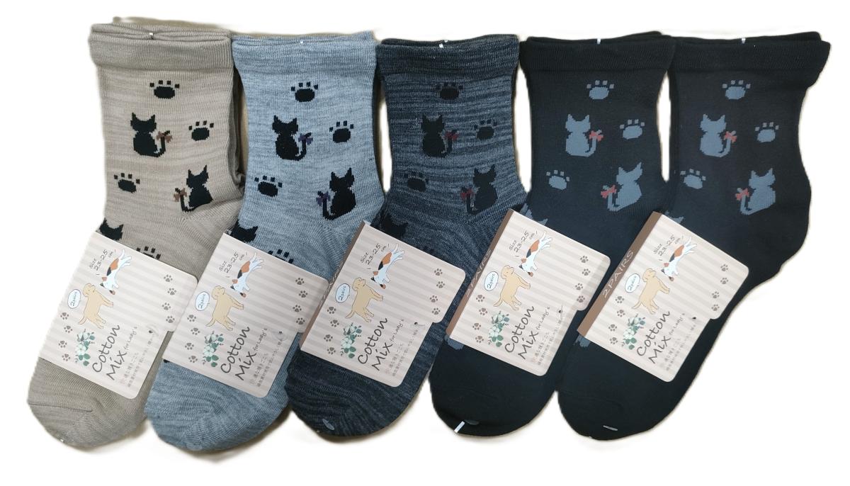 婦人靴下　5柄ワイド　口ゴム　ネコ足跡　柄クルーソックス【2足組】