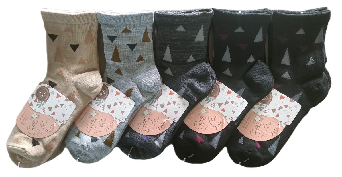 婦人靴下　5柄ワイド　口ゴム　三角柄クルーソックス【2足組】