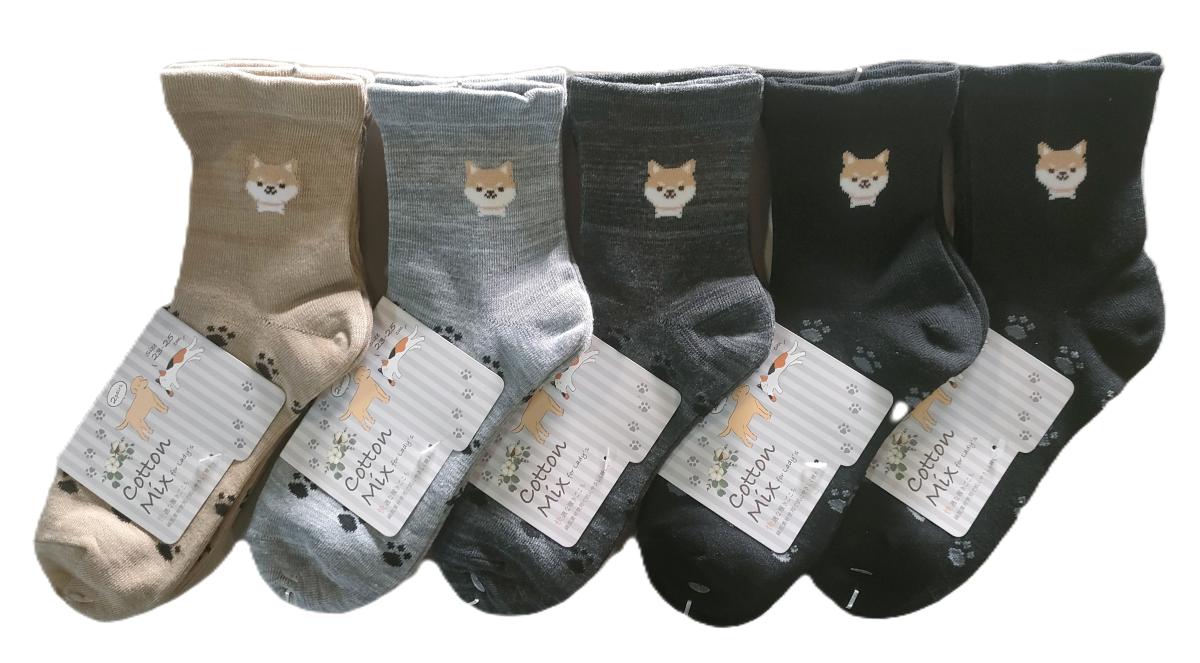 婦人靴下　5柄ワイド　口ゴム　イヌ足跡柄クルーソックス【2足組】