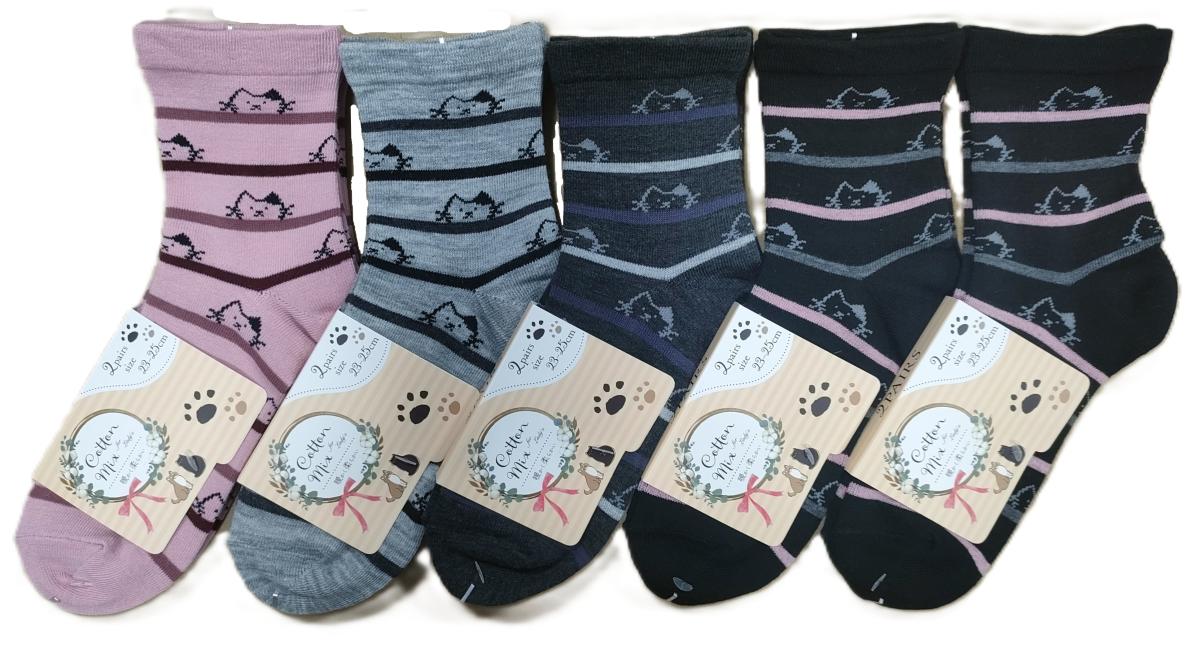 婦人靴下　5柄ワイド　口ゴム　ネコ2色ボーダー柄クルーソックス【2足組】