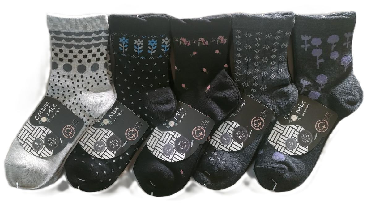 婦人靴下　モノクロ5柄込み　クルーソックス【2足組】