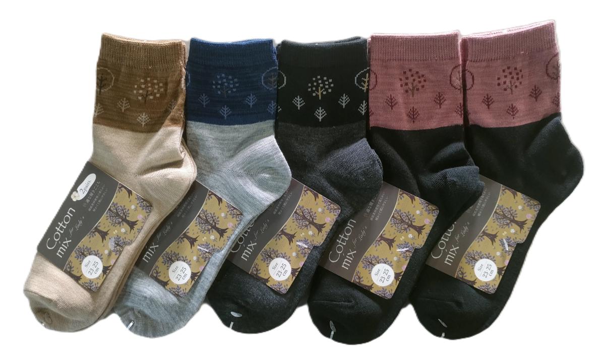 婦人靴下　ツリー柄　切り替えクルーソックス【2足組】