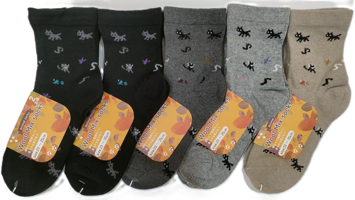 婦人　毛混　ネコ音符柄　クルーソックス