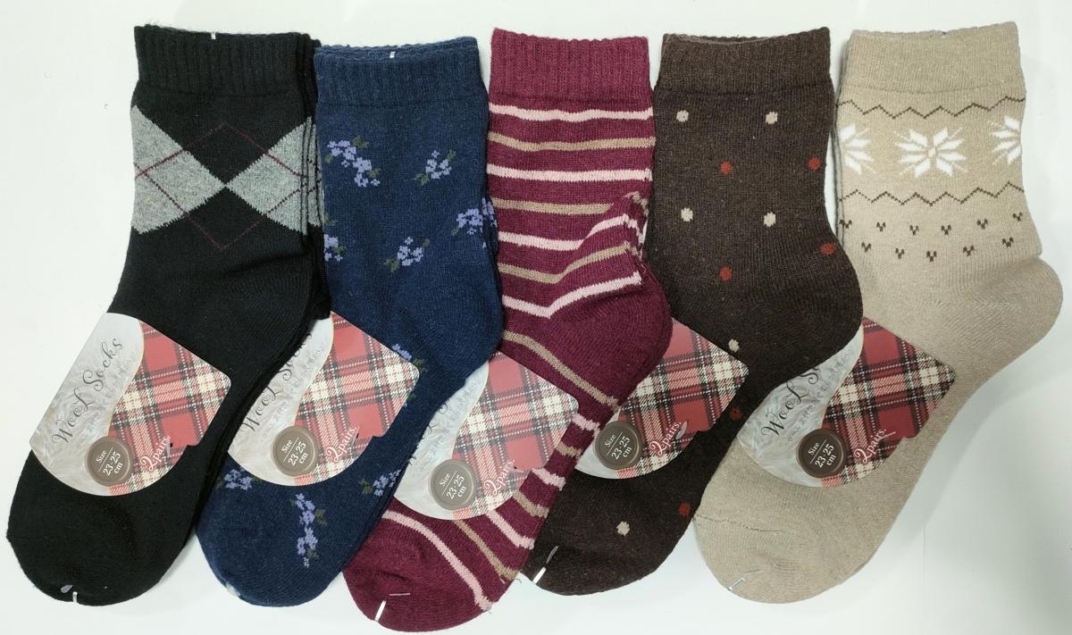 婦人靴下　毛混 5柄クルーソックス滑り止め付き