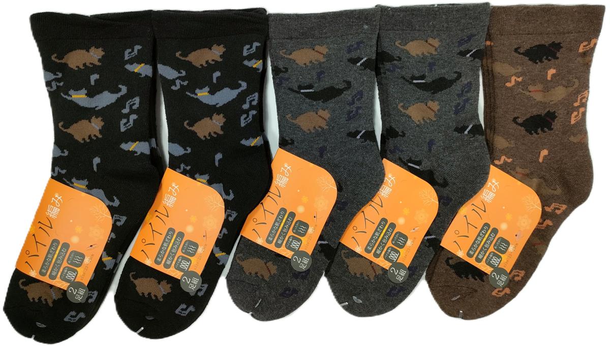 婦人靴下　ネコと音符柄TTパイル　クルーソックス　