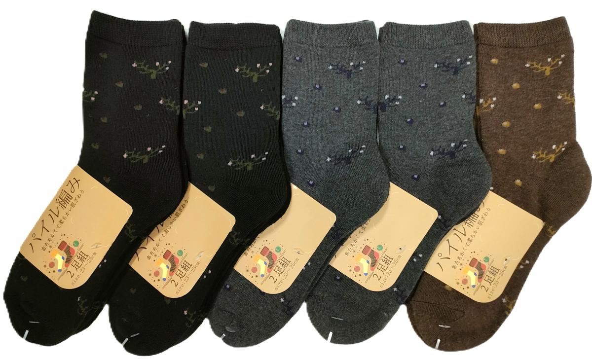 婦人靴下　花柄TTパイル　クルーソックス　