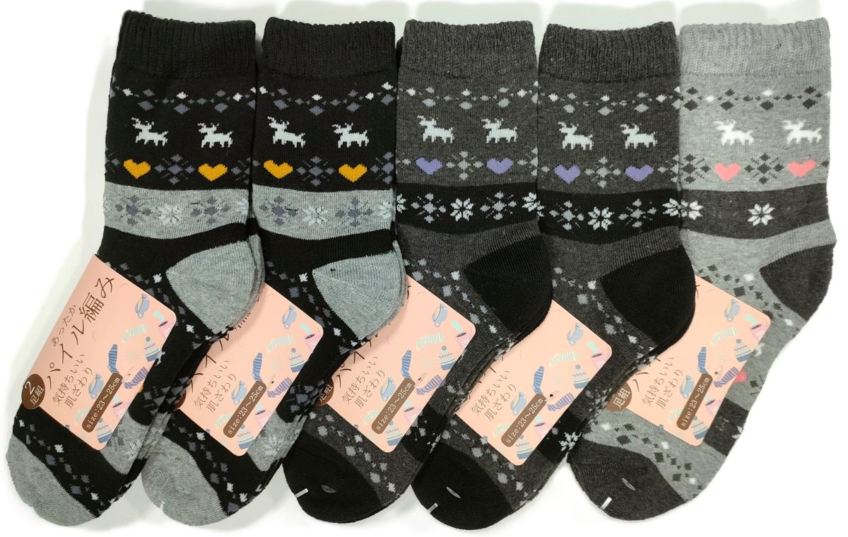 婦人靴下　トナカイと結晶柄TTパイル　クルーソックス　