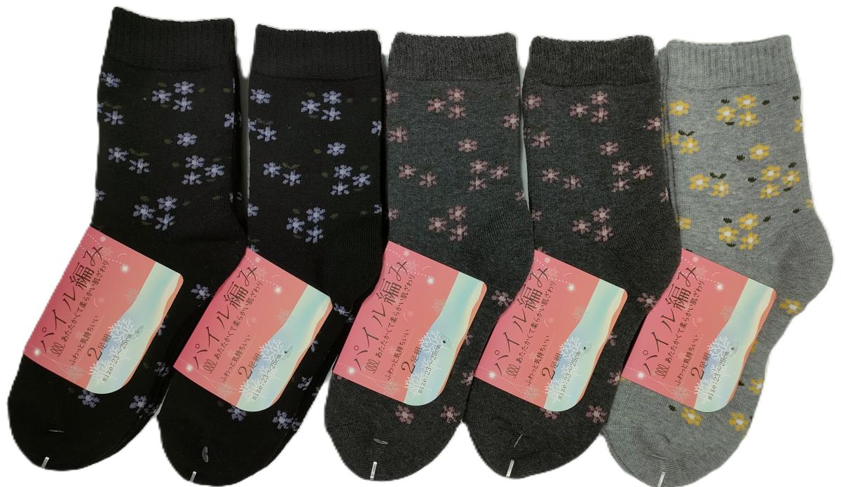 婦人靴下　大花柄TTパイル　クルーソックス　