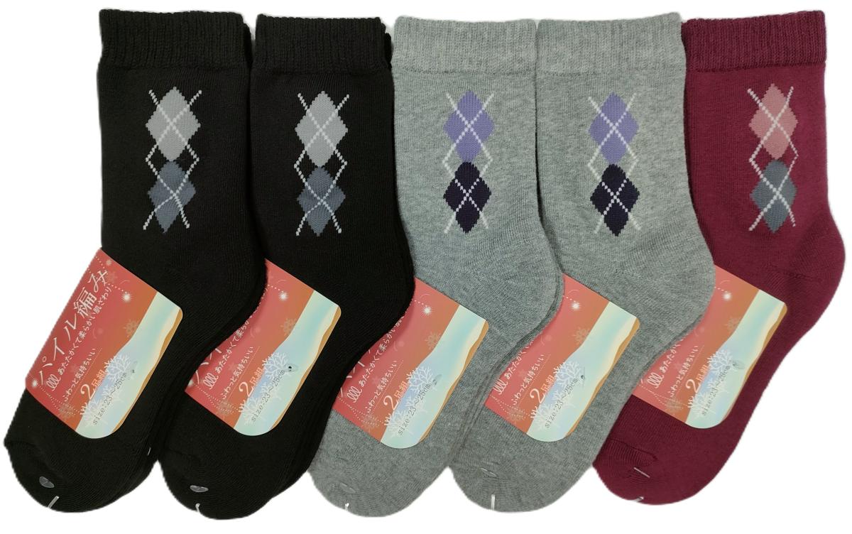 婦人靴下　ダイヤ柄TTパイル　クルーソックス　