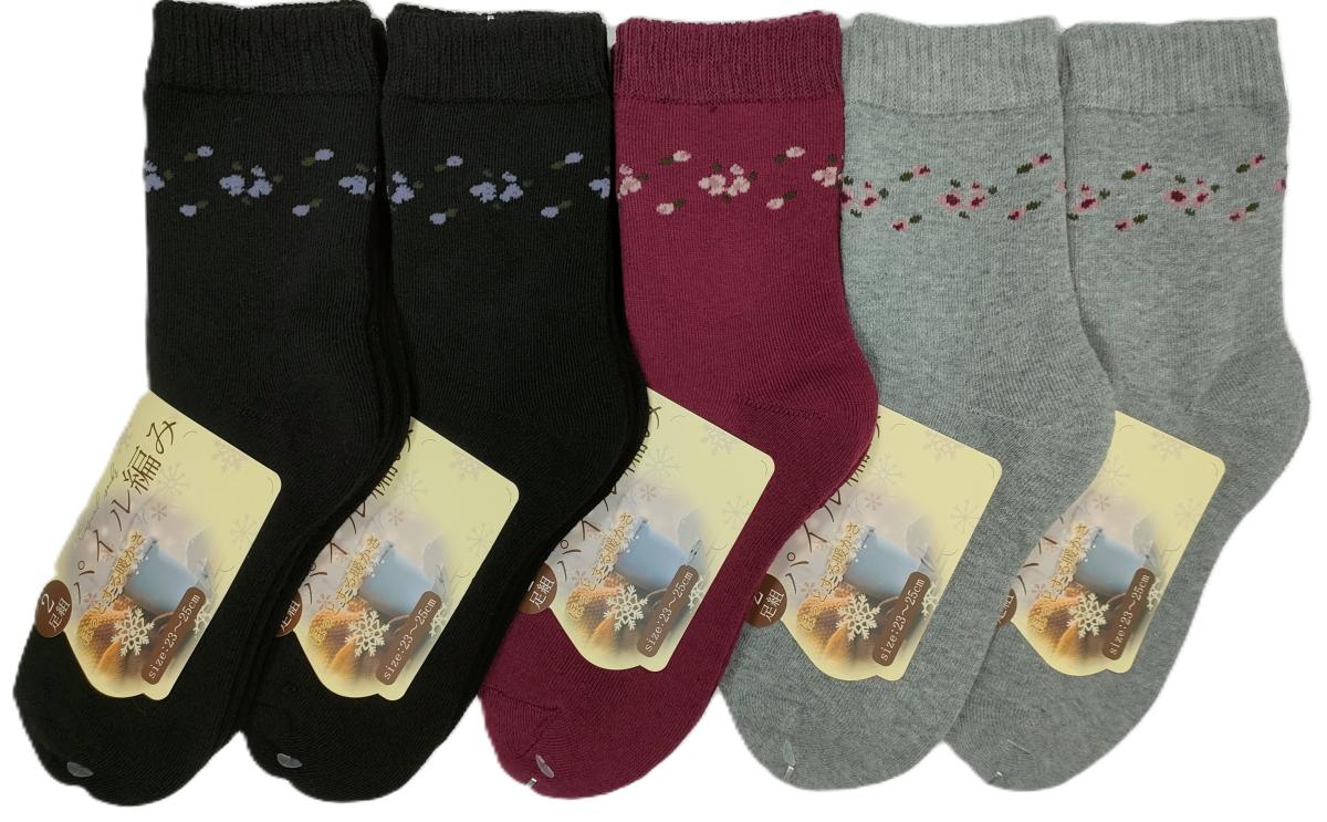 婦人靴下　横花柄TTパイル　クルーソックス　