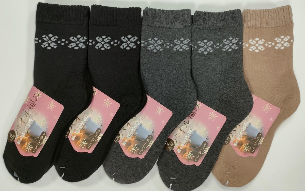 婦人靴下　雪結晶柄TTパイル　クルーソックス　