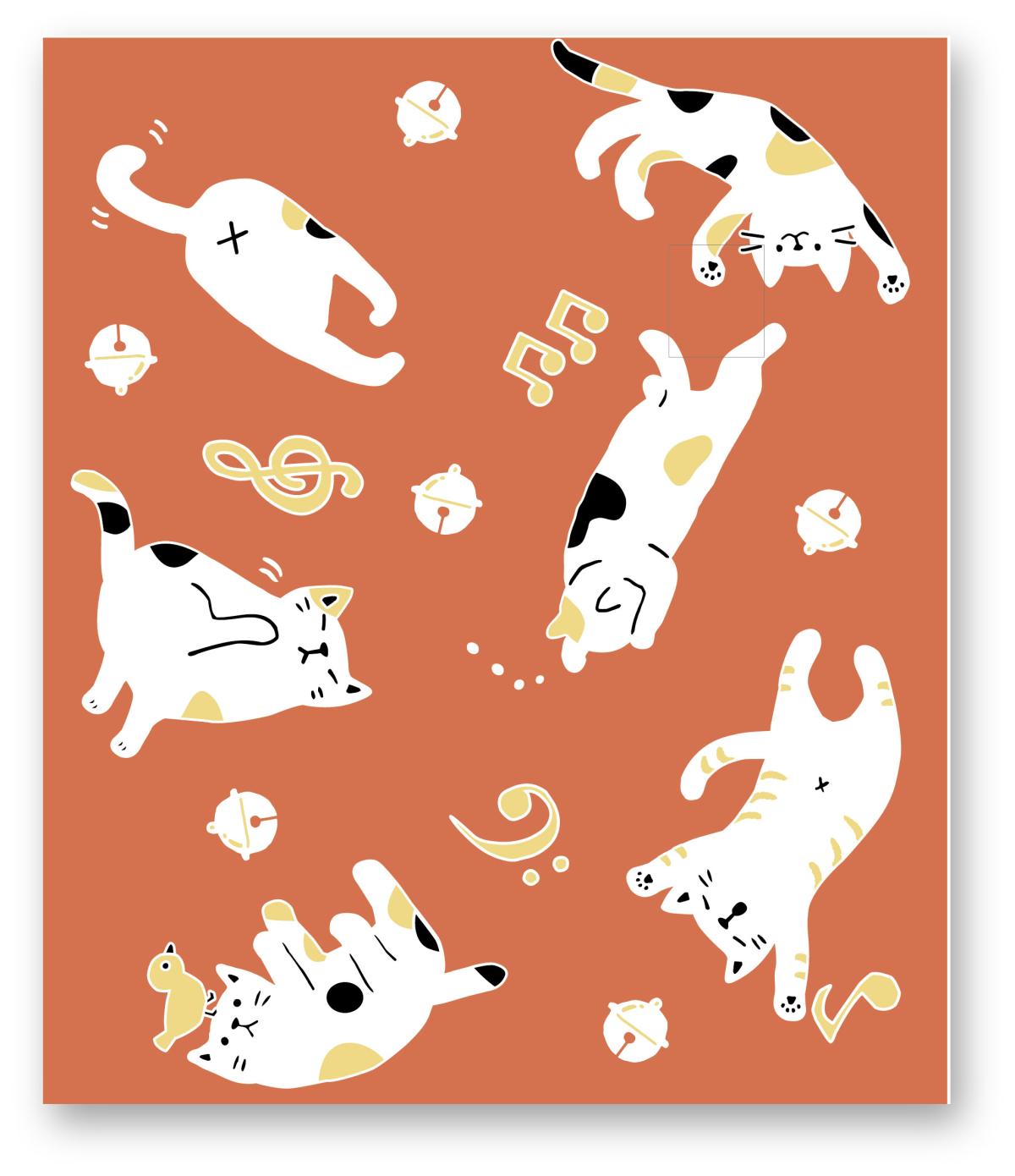 タオルハンカチ　ゆるねこ音符・あか