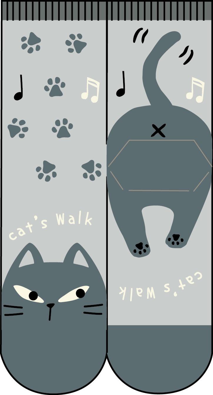 ねこ歩きソックス　灰ハイブルー