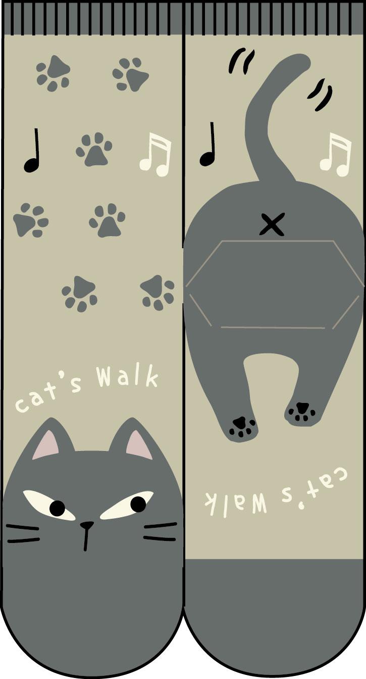 ねこ歩きソックス　灰ハイベージュ
