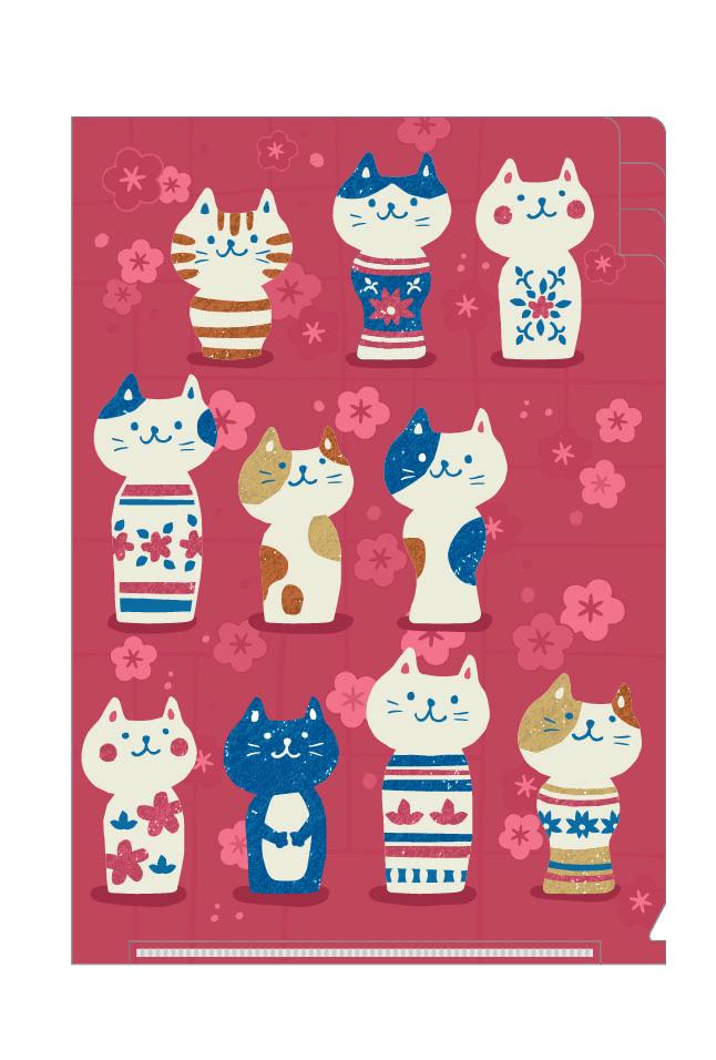 ナゴミ・Ａ５　クリアファイル３ポケット　こけしねこ