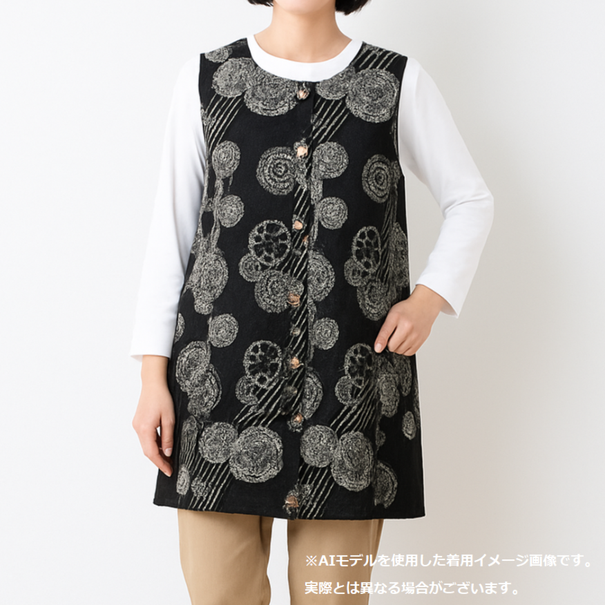 はんなり エステル 裏フリース ロングベスト プリント エプロン 和柄 あったか 防寒