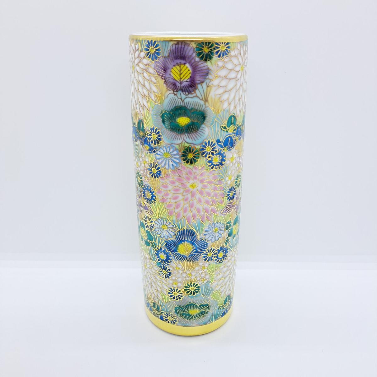 九谷焼6号寸胴花瓶／花詰（青）