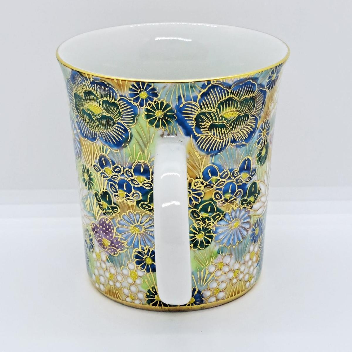 九谷焼マグカップ花詰青