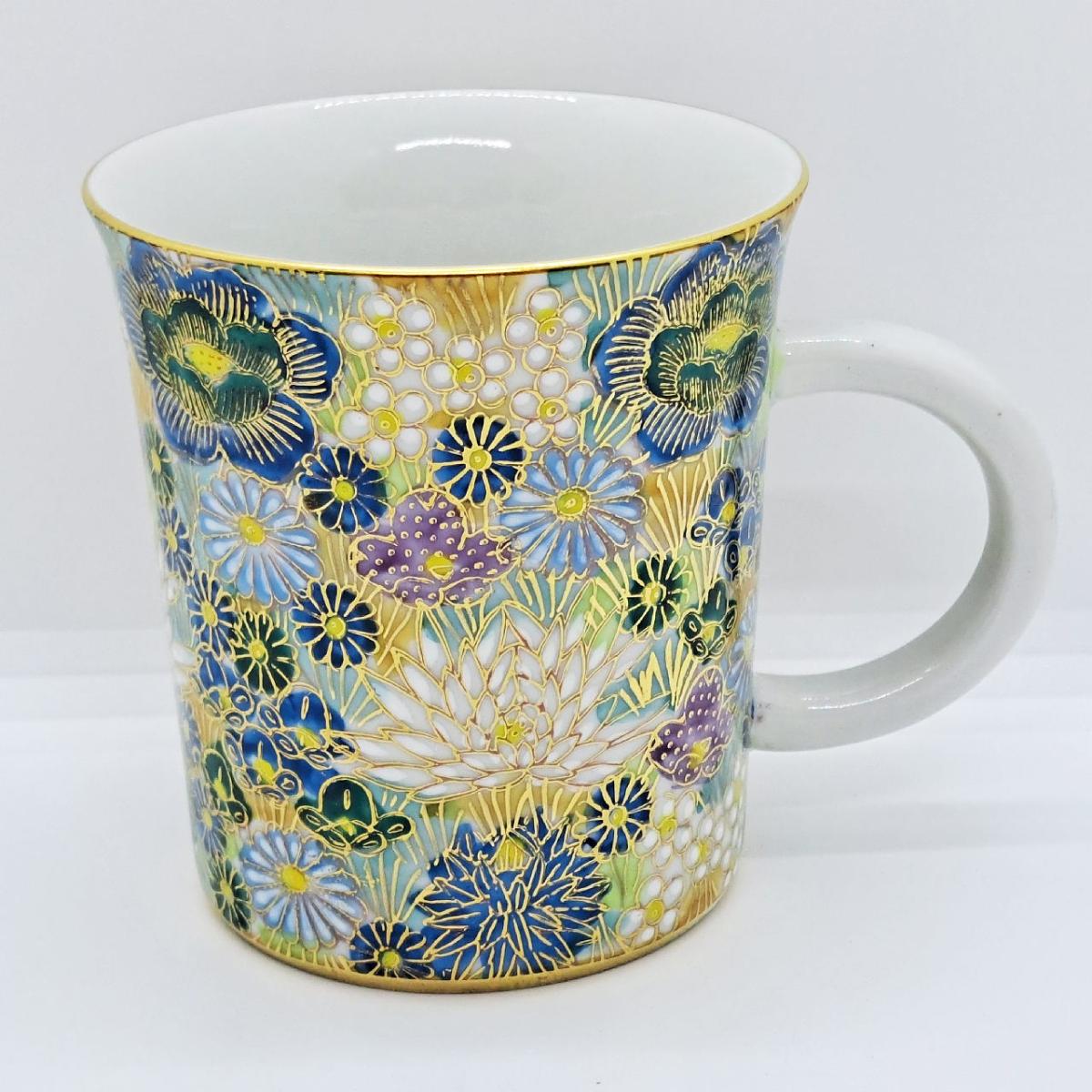 九谷焼マグカップ花詰青