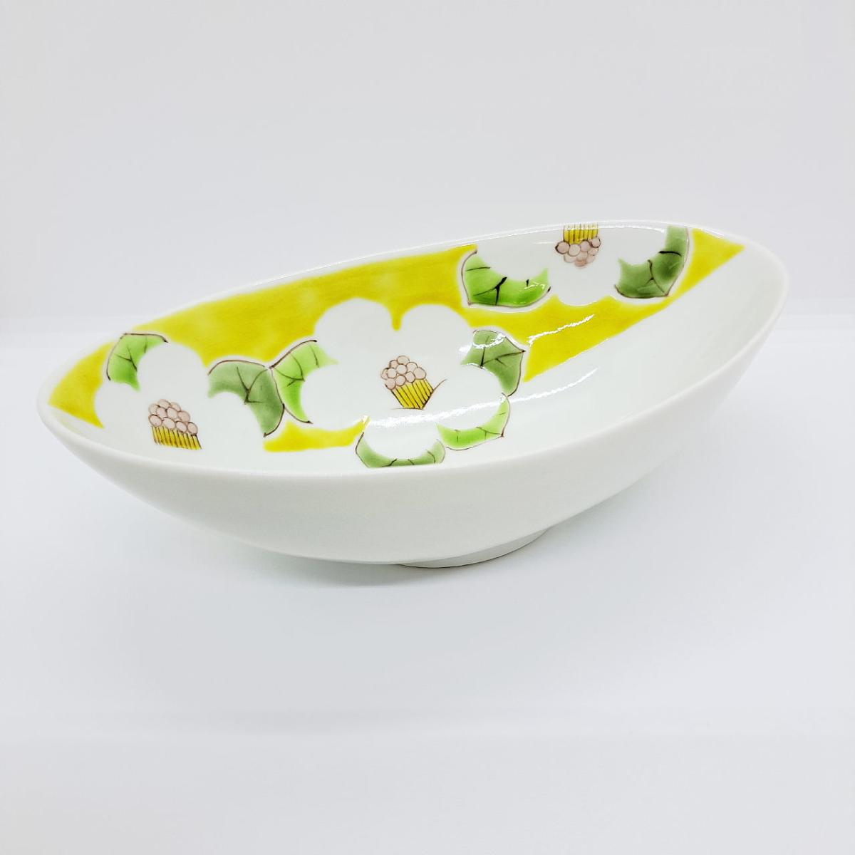 九谷焼楕円鉢／黄椿