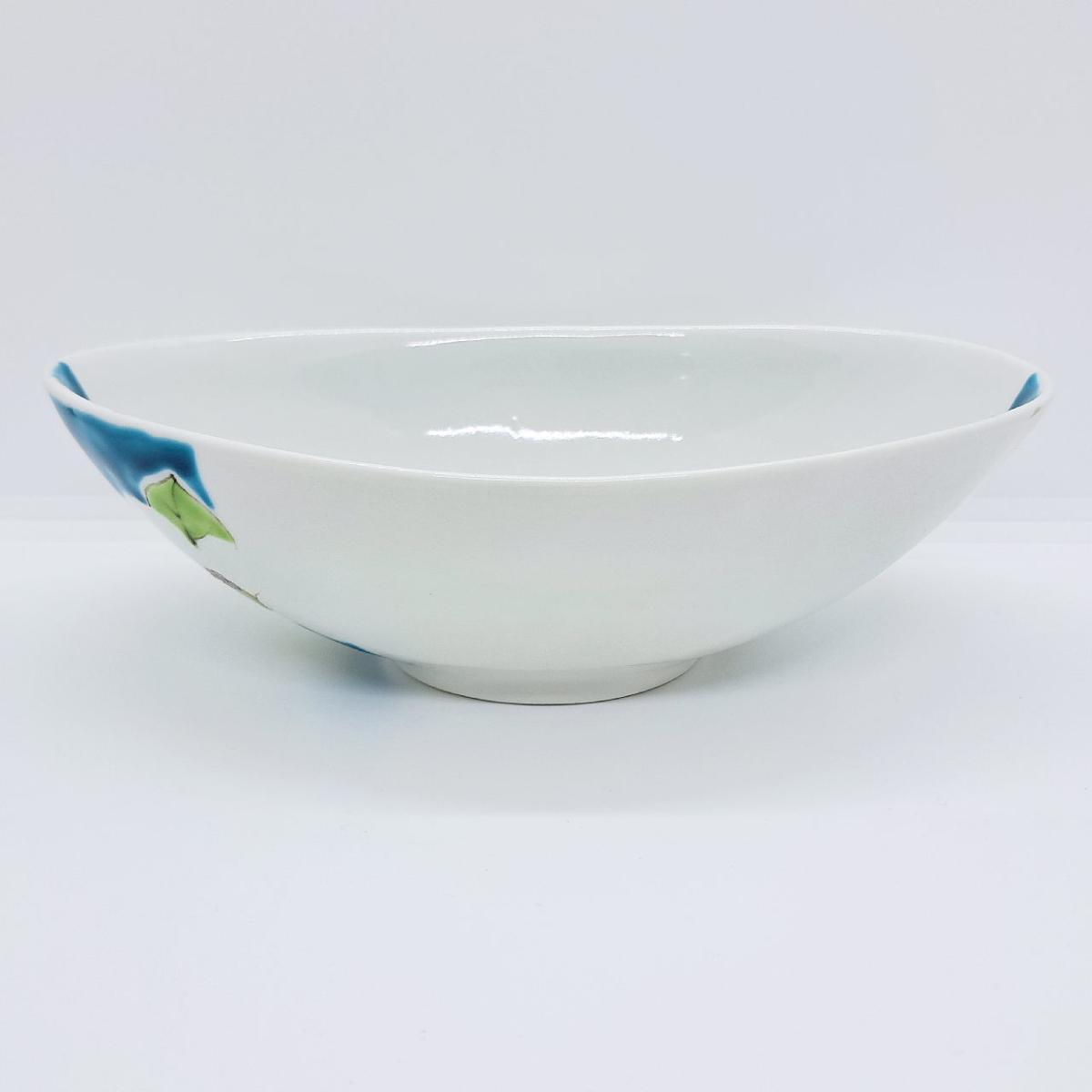 九谷焼楕円鉢青椿