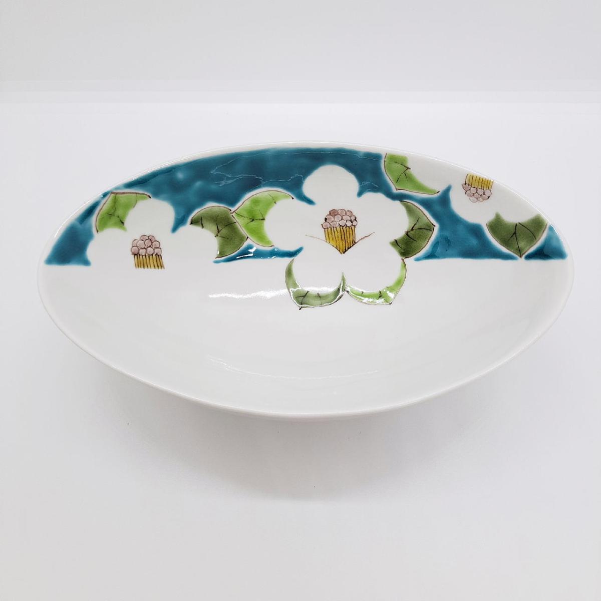 九谷焼楕円鉢青椿