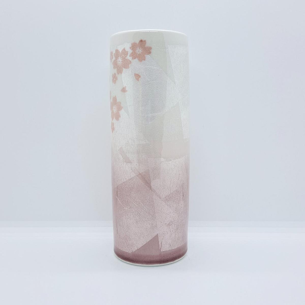 九谷焼6号寸胴花瓶銀彩桜ピンク