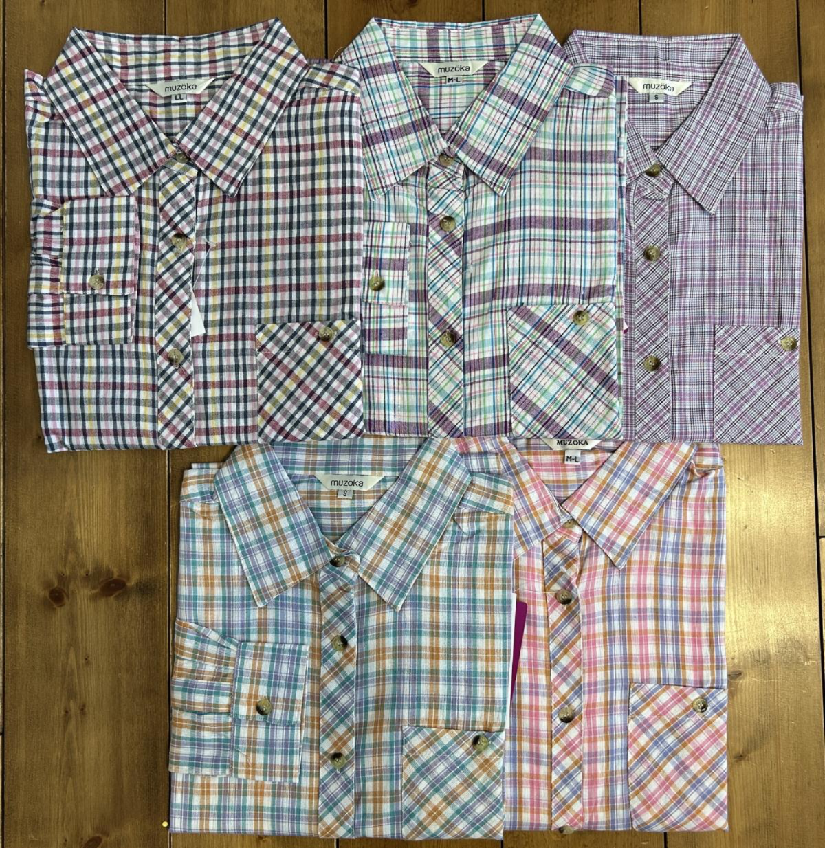 婦人ブラウスロールアップ（格子）6枚　M〜Lサイズ