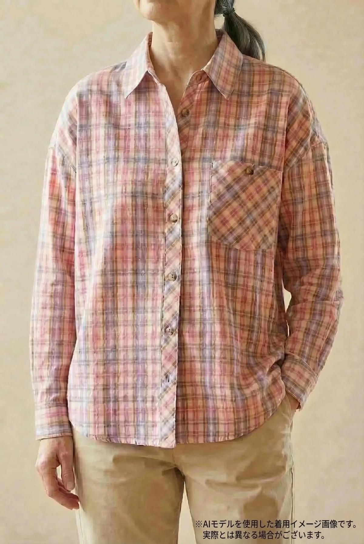 3Lサイズ婦人 ブラウス ロールアップ 格子 6枚 長袖ブラウス チェック柄 レディース