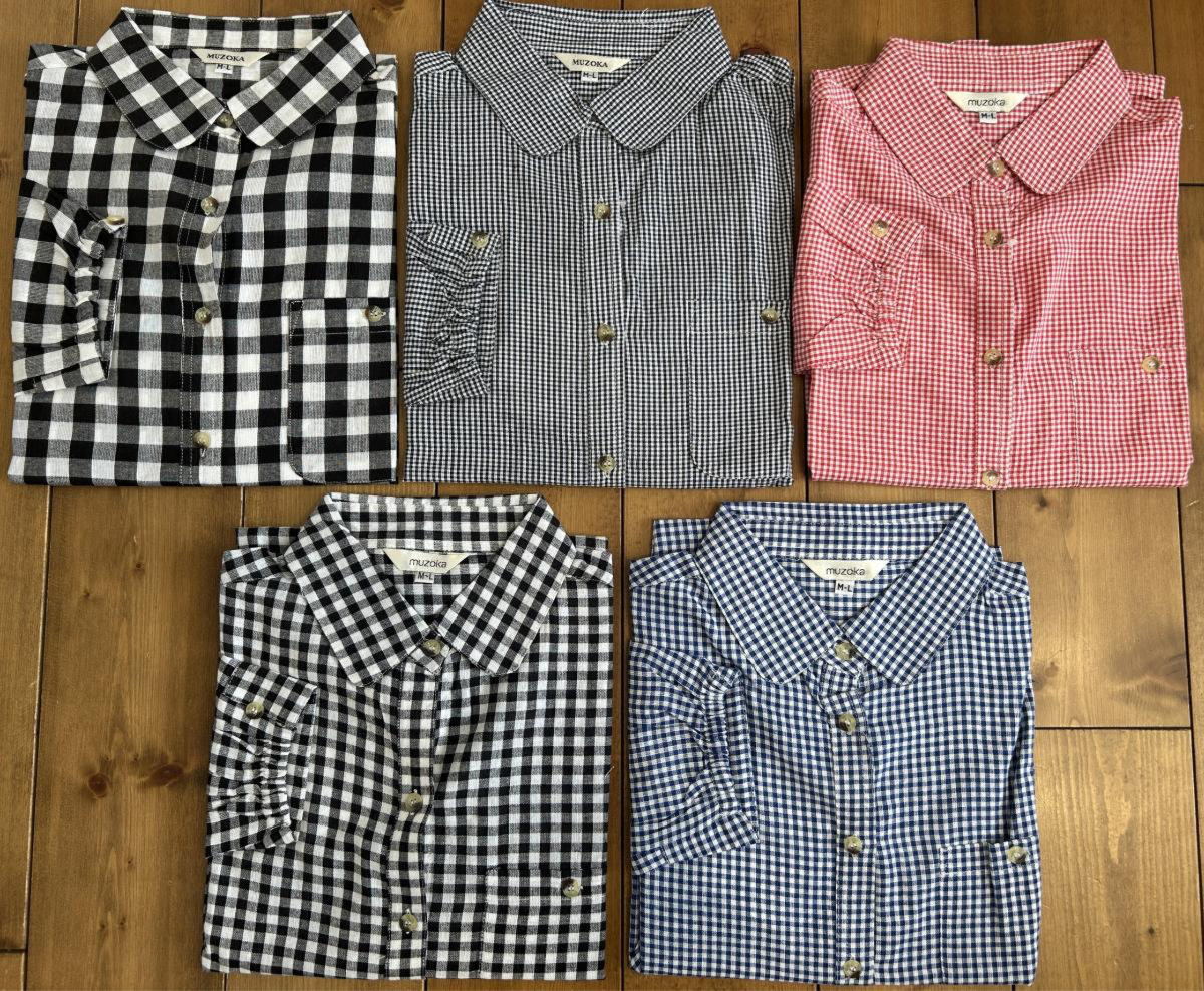 婦人半ゴム丸えり格子ブラウス　6枚込　M〜Lサイズ