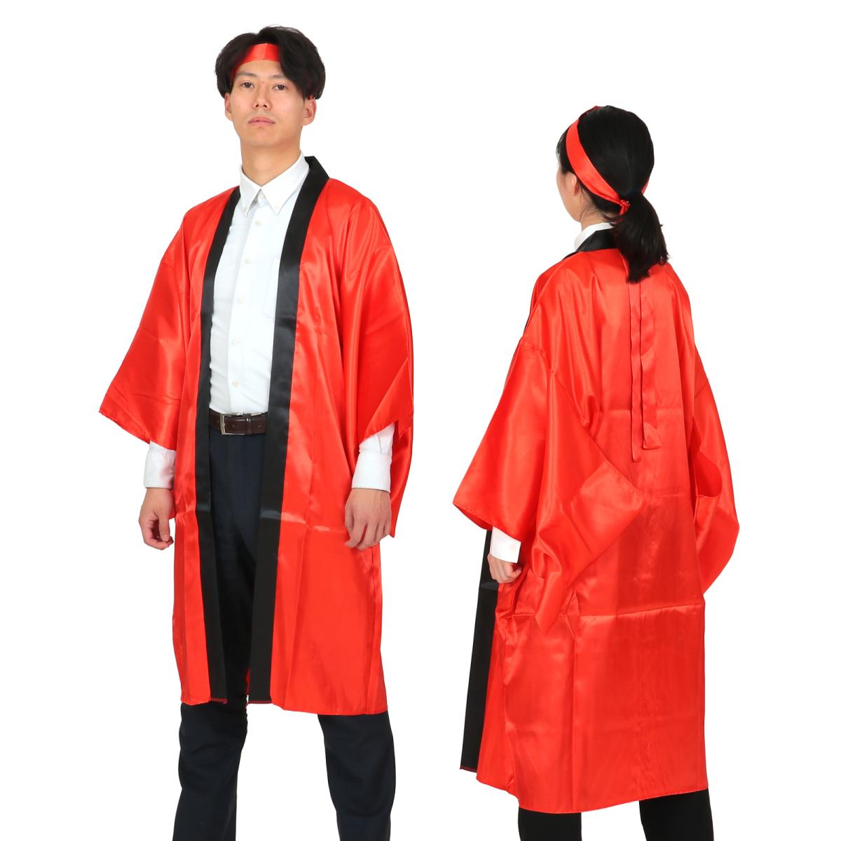 ソフトサテン　ロングハッピ袖付　赤　Ｌ（ハチマキ付）