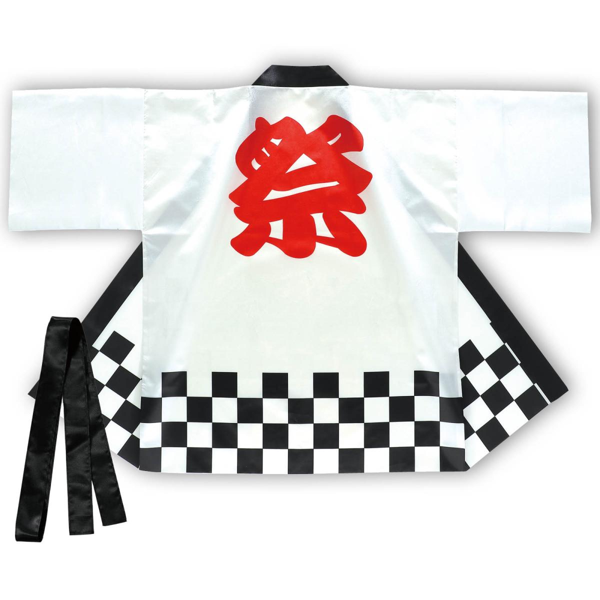 サテンハッピ　祭　市松柄　白　Ｌ