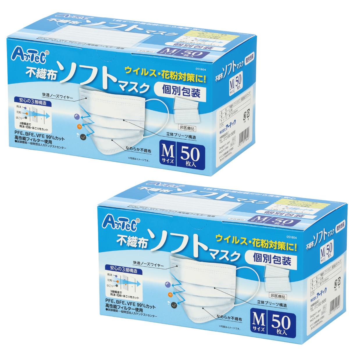 ９９％カット不織布ソフトマスク（個包装）５０枚入　Ｍ　２個組
