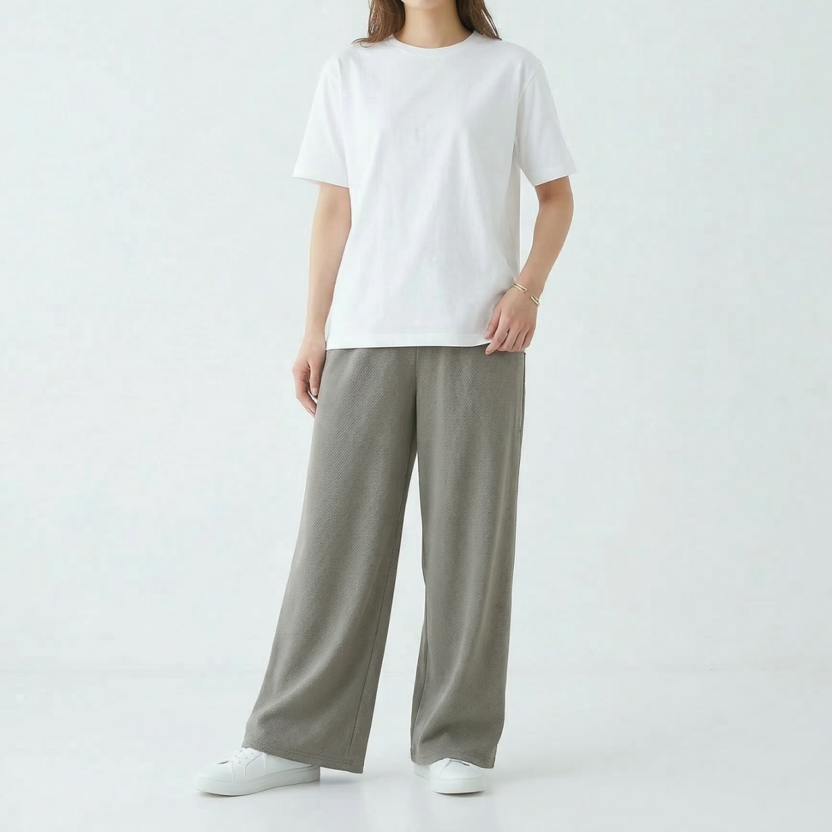 春夏新作ストレッチワイドパンツ　ヘリンボーン柄 ミセス レディースアパレル 当日出荷
