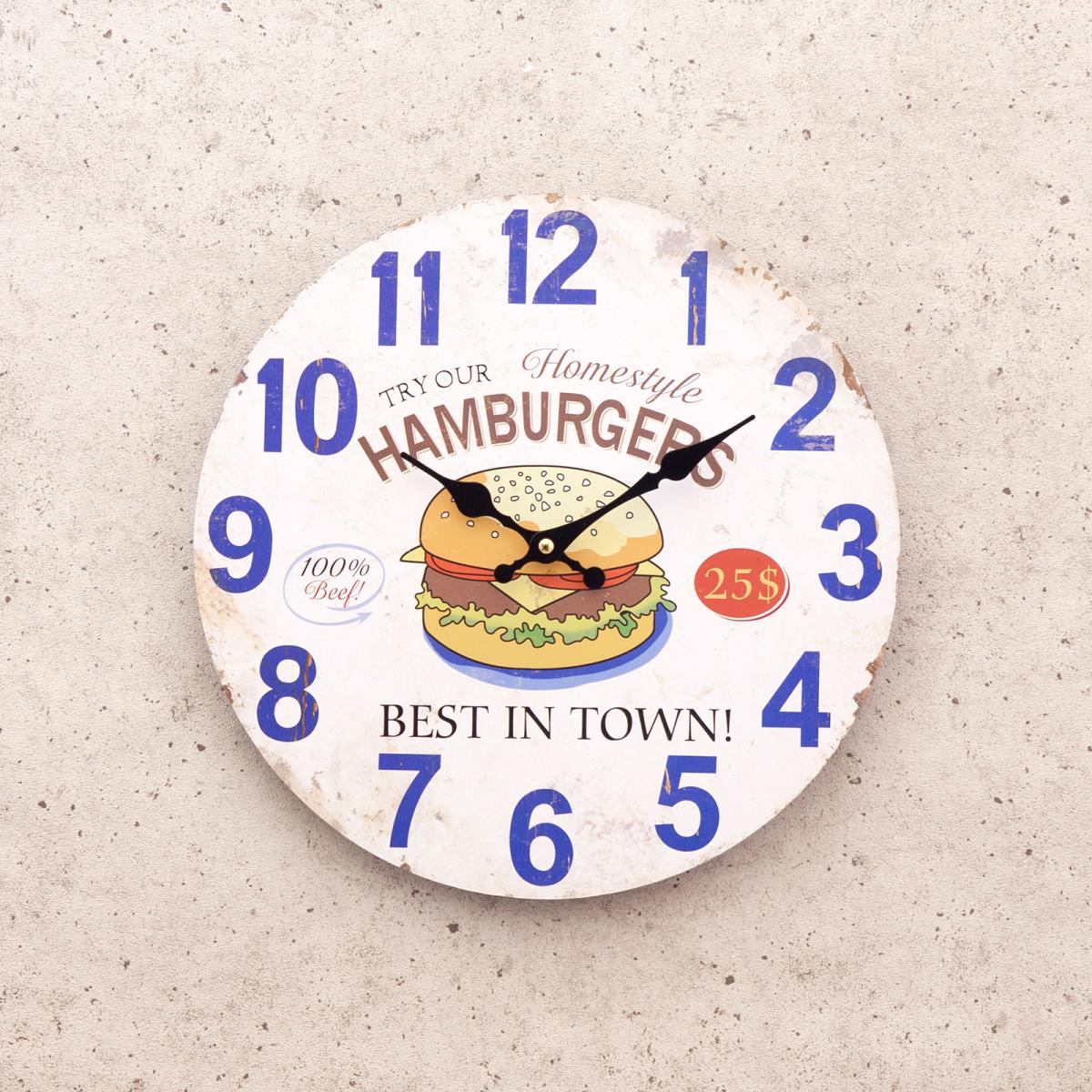 アンティークMDFクロック［Best HAMBURGER in Town］ハンバーガー