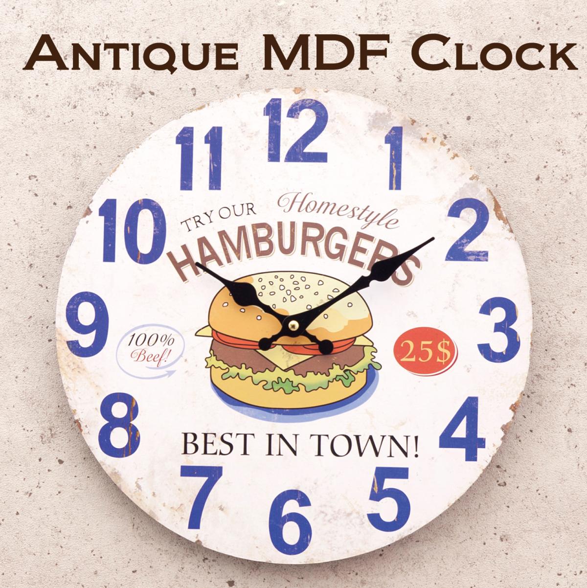 【掛時計】アンティークMDFクロック［Best HAMBURGER in Town］ハンバーガー